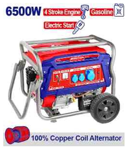 Gasoline Generator 6.5kW Max Output, 5.0kW Rated Output, 220-240V 50Hz, 4-Stroke Engine, 80kg, 25L Tank, Electric Start